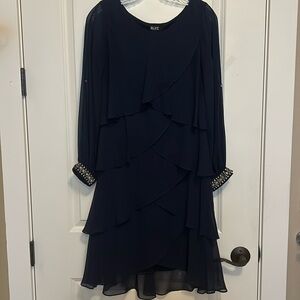 SLNY Navy Tiered Long Sleeve Bejeweled Cuff Dress Women’s size 6